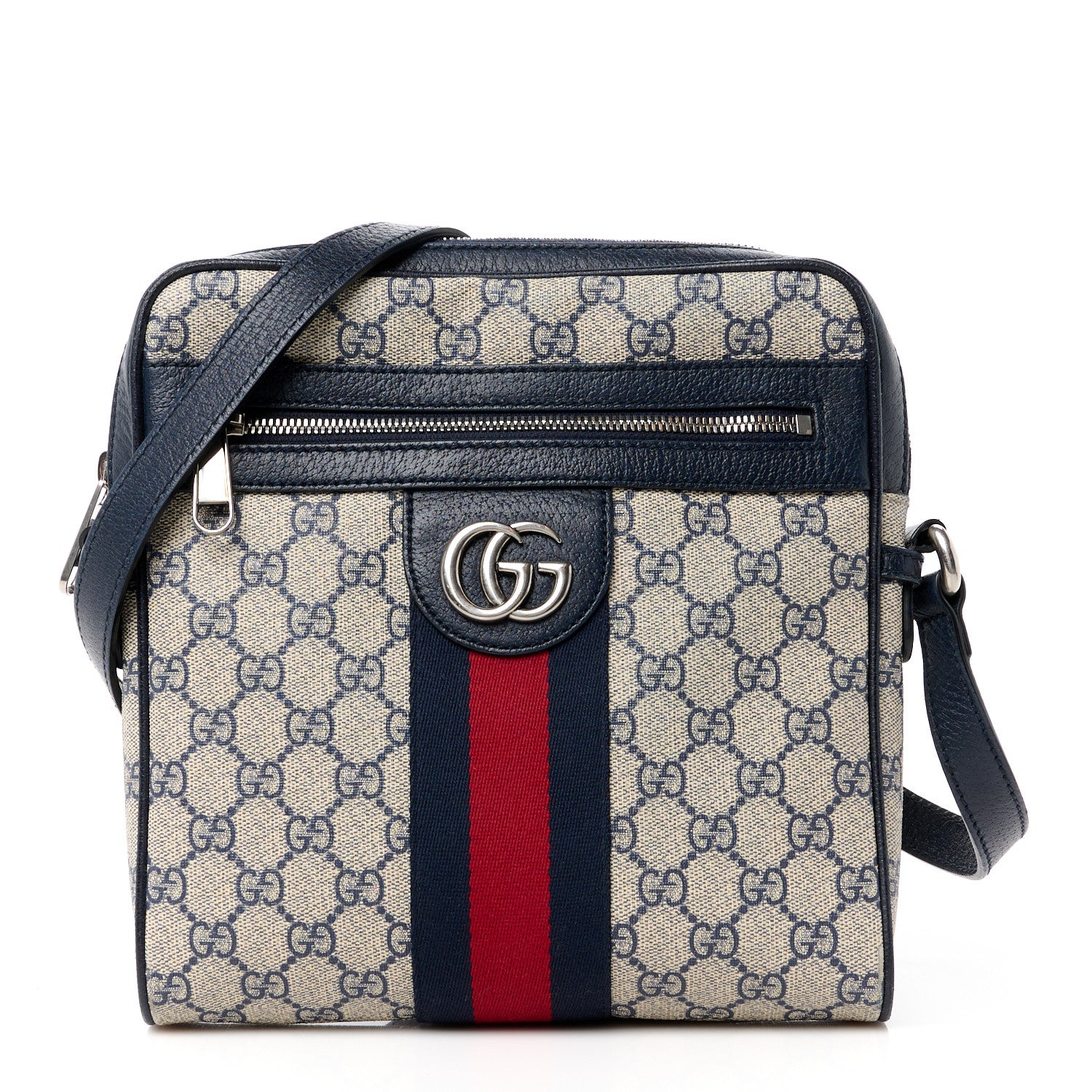 Gucci GG Supreme Monogram Textured Dollar Calfskin Web Small Ophidia Messenger Bag Beige Blue 1 of 11
