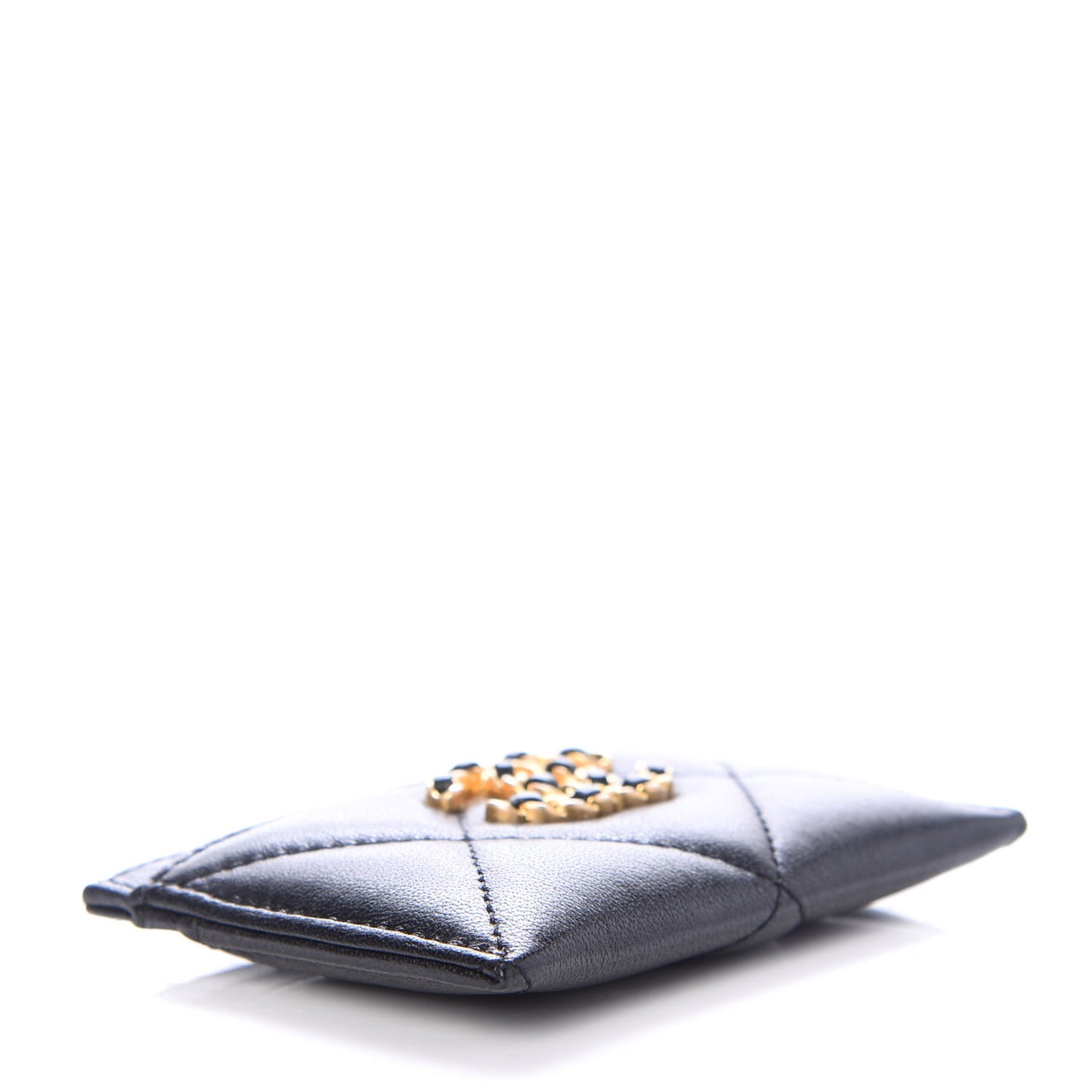 Shiny Goatskin Quilted Chanel 19 Card Holder Black