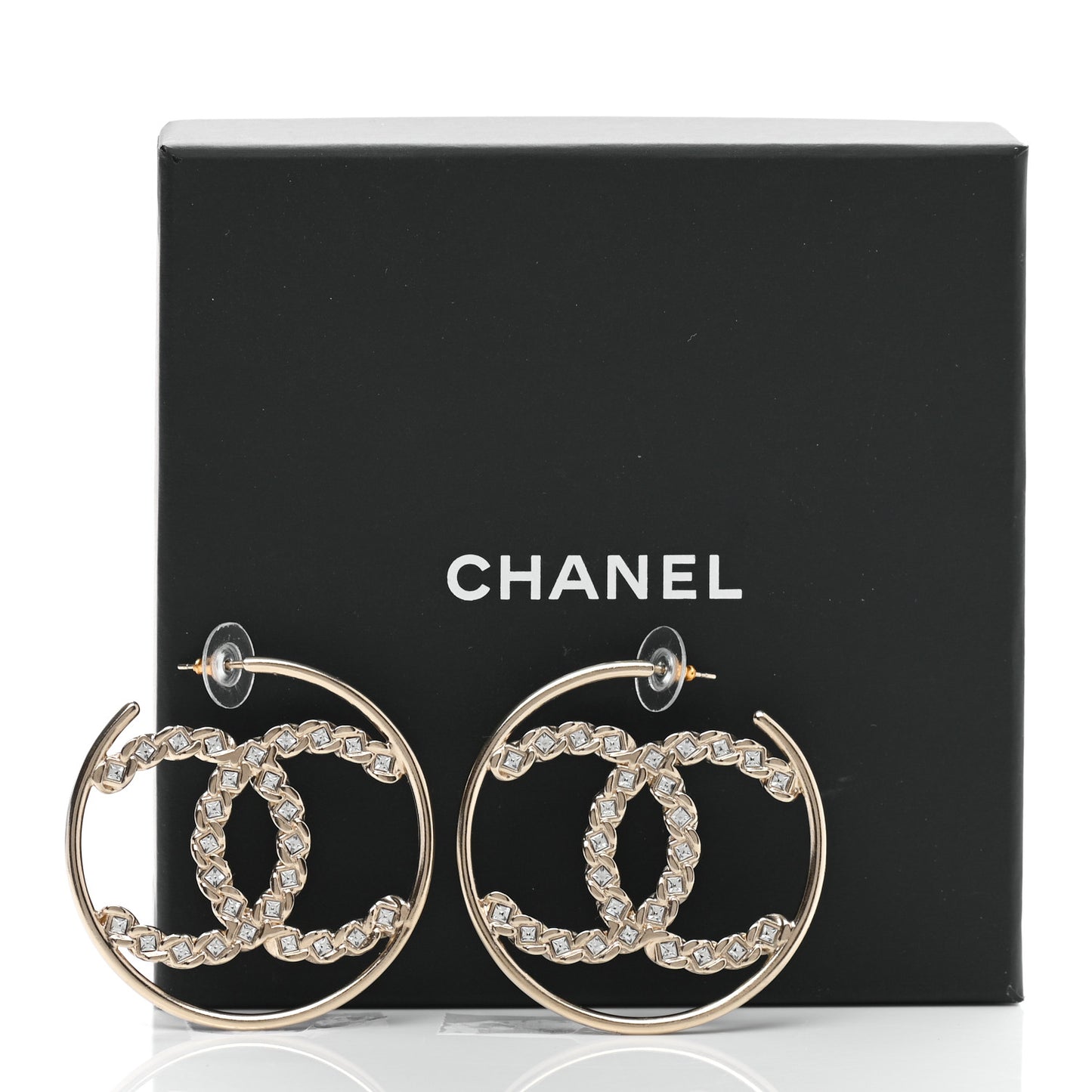 Crystal Chain Chanel Strass CC Drop Earrings Gold