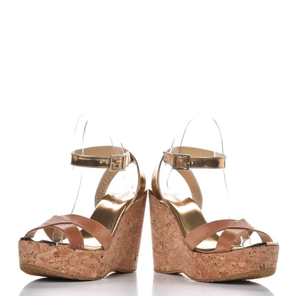 Jimmy Choo Metallic Calfskin Papyrus Cork Wedge Sandals 37.5 Gold 5 of 10
