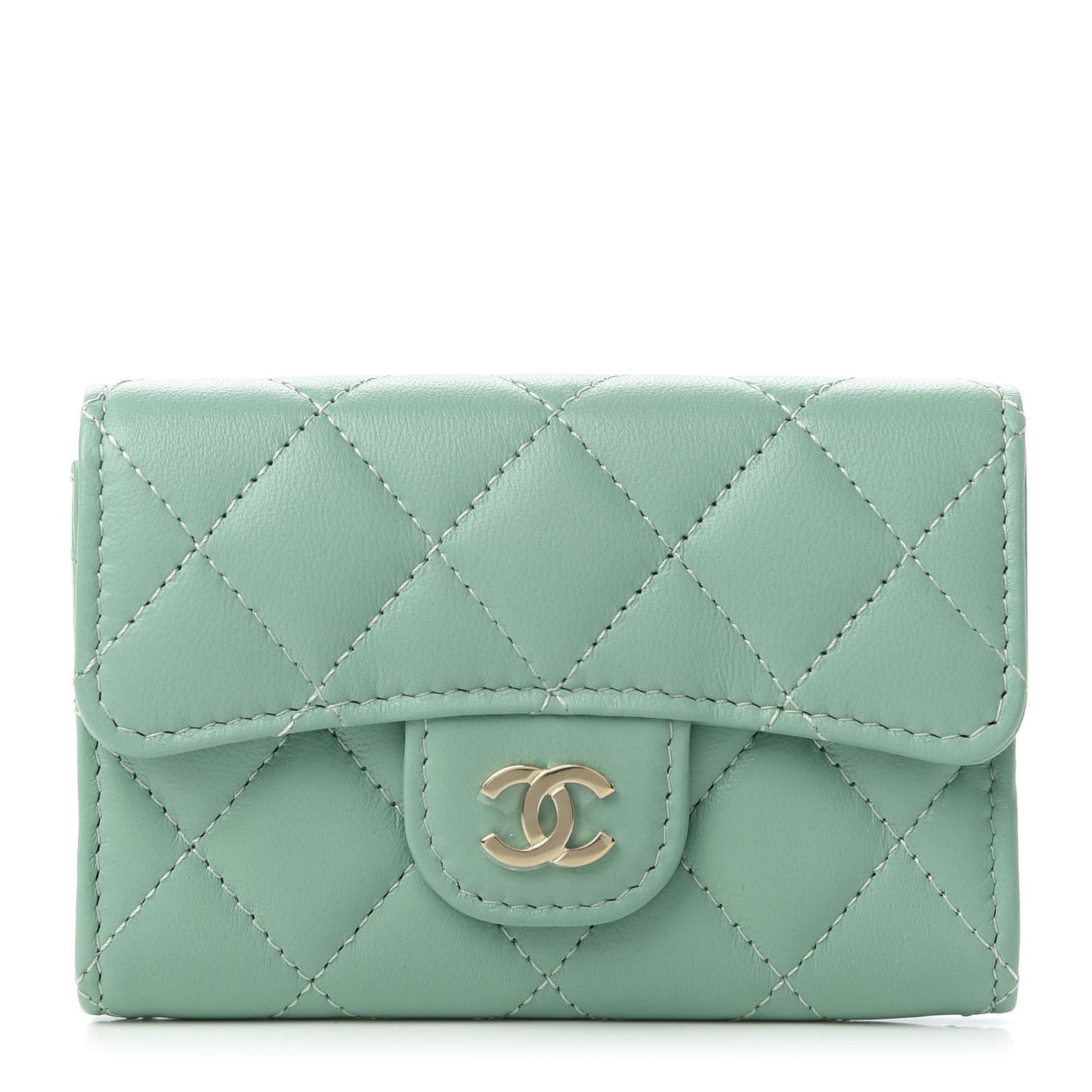 Lambskin Quilted Flap Card Holder Wallet Green