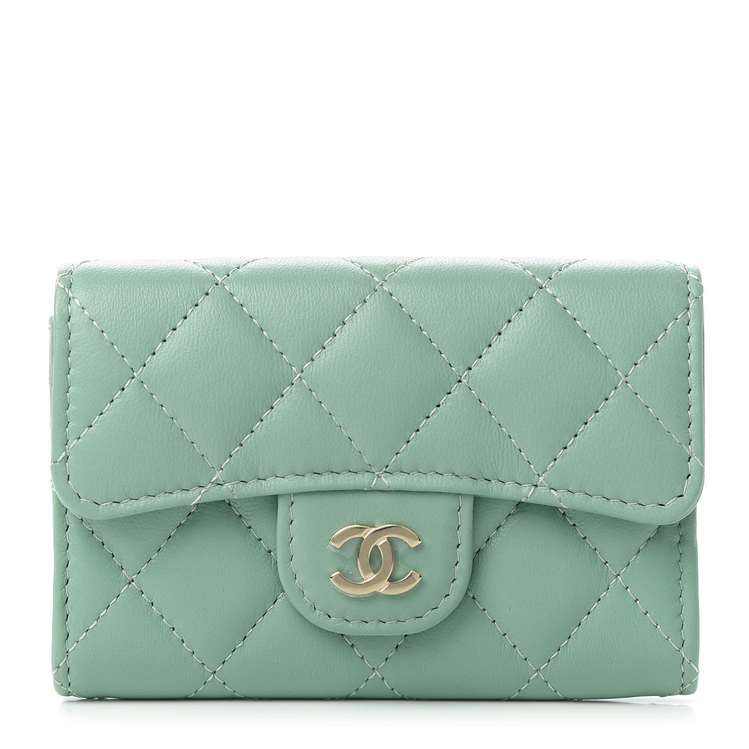 Chanel Lambskin Quilted Flap Card Holder Wallet Green 1 of 12