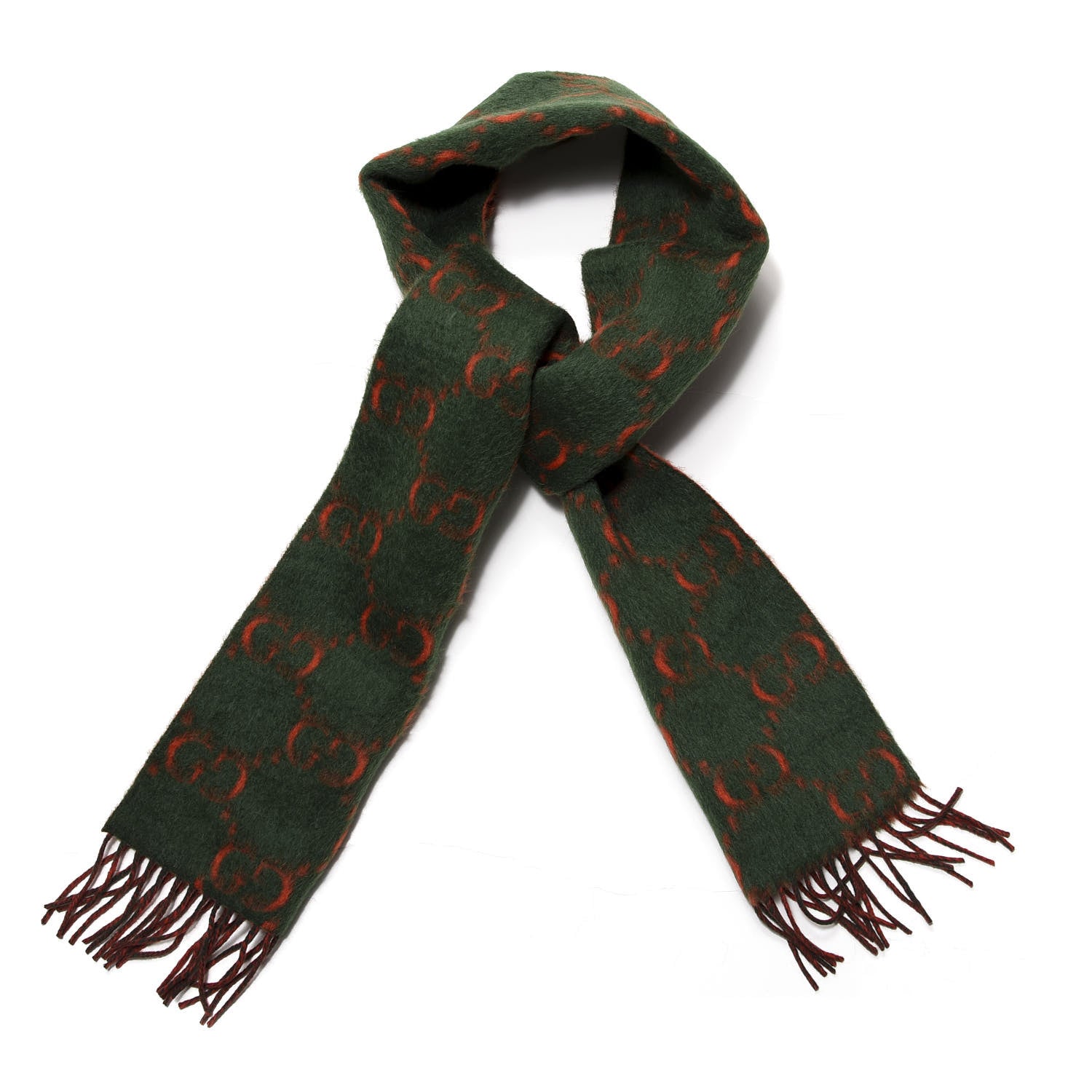 Gucci Wool Alpaca GG Monogram Big GG Rock Scarf Green Red 1 of 4