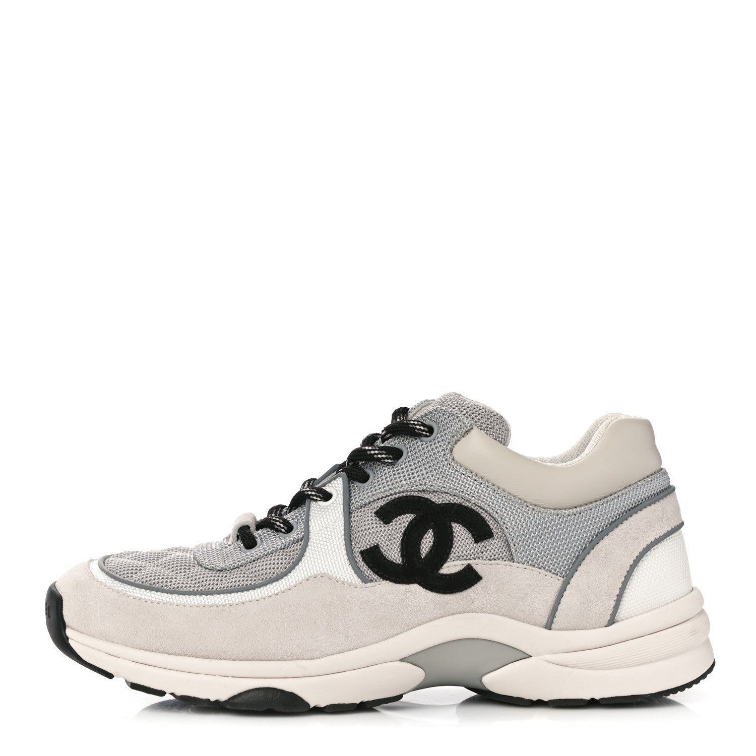 Chanel Nylon Calfskin Suede Womens CC Sneakers 38.5 Grey White 1 of 10