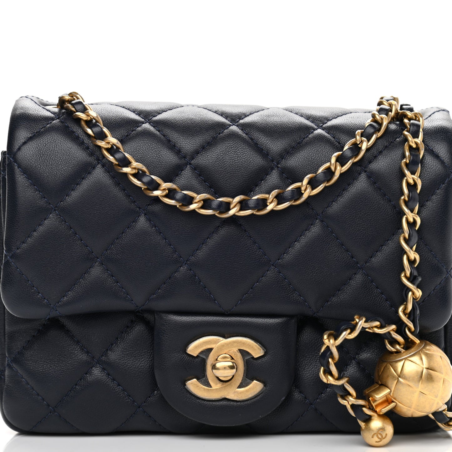 Lambskin Quilted Mini Pearl Crush Flap Navy Blue