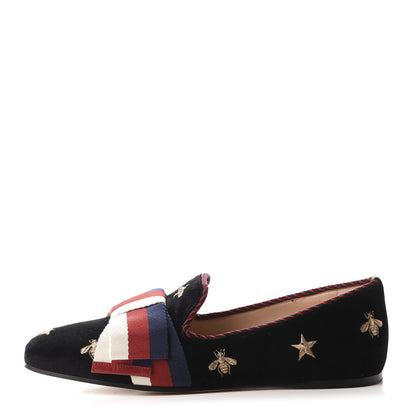 Gucci Velvet Bee Star Embroidered Sylvie Bow Loafers 37.5 Black 1 of 11