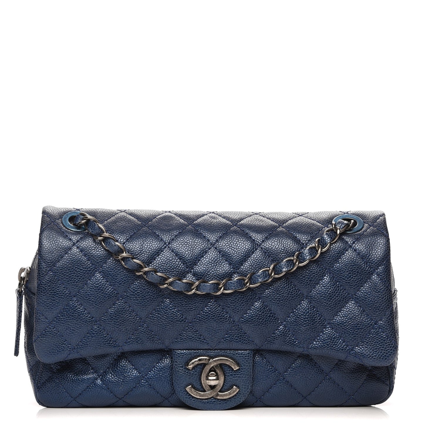 Iridescent Caviar Quilted Small Chic Flap Dark Blue