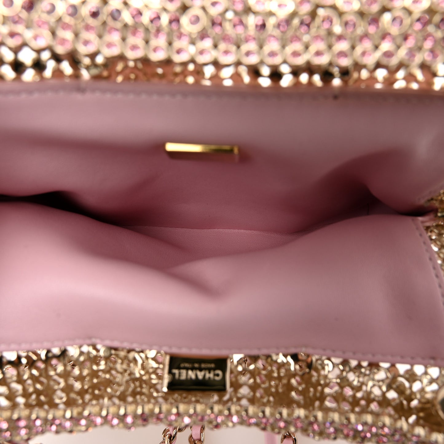 Crystal Embellished Metallic Lambskin Mini Chanel 22 Light Pink