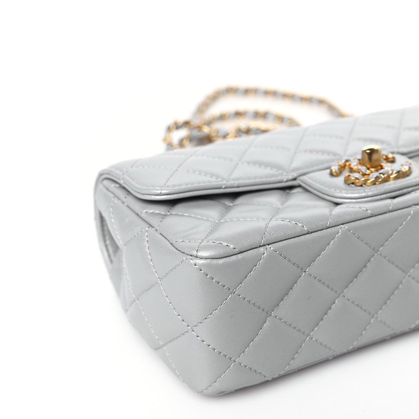 Metallic Lambskin Quilted Mini Strass On Top Flap Silvery