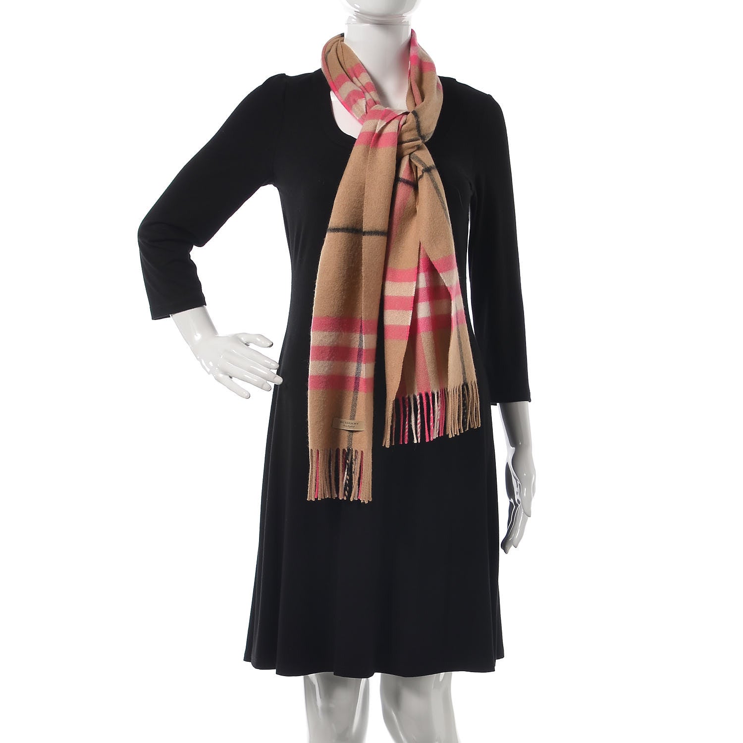 Burberry Cashmere Giant Check Fringe Scarf Camel Pink 2 of 4