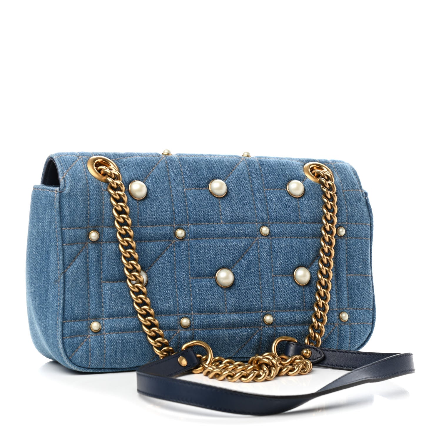 Gucci Denim Matelasse Pearl Studded Small GG Marmont Shoulder Bag Blue 3 of 9