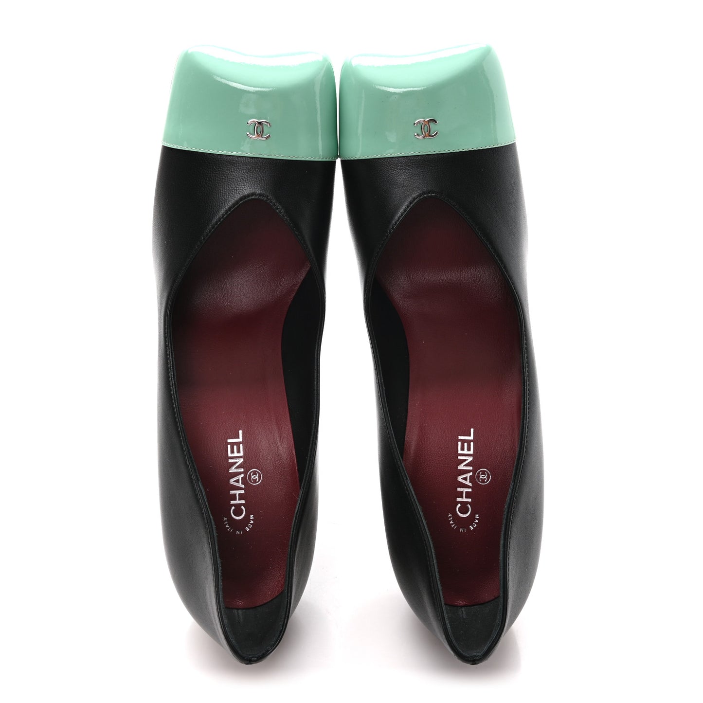 Lambskin Patent Calfskin Cap Toe Pumps 40 Black Green