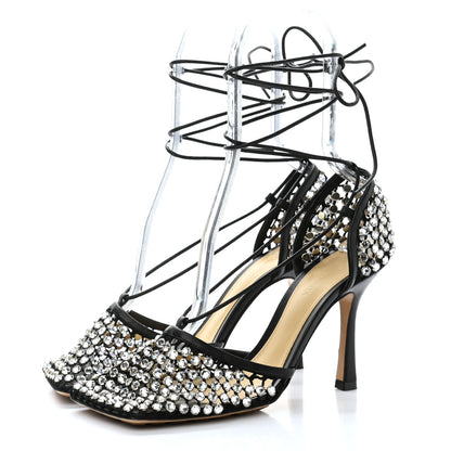 Bottega Veneta Mesh Nappa Crystal Embellished Sparkle Stretch Ankle Tie Sandals 39 Black 3 of 8