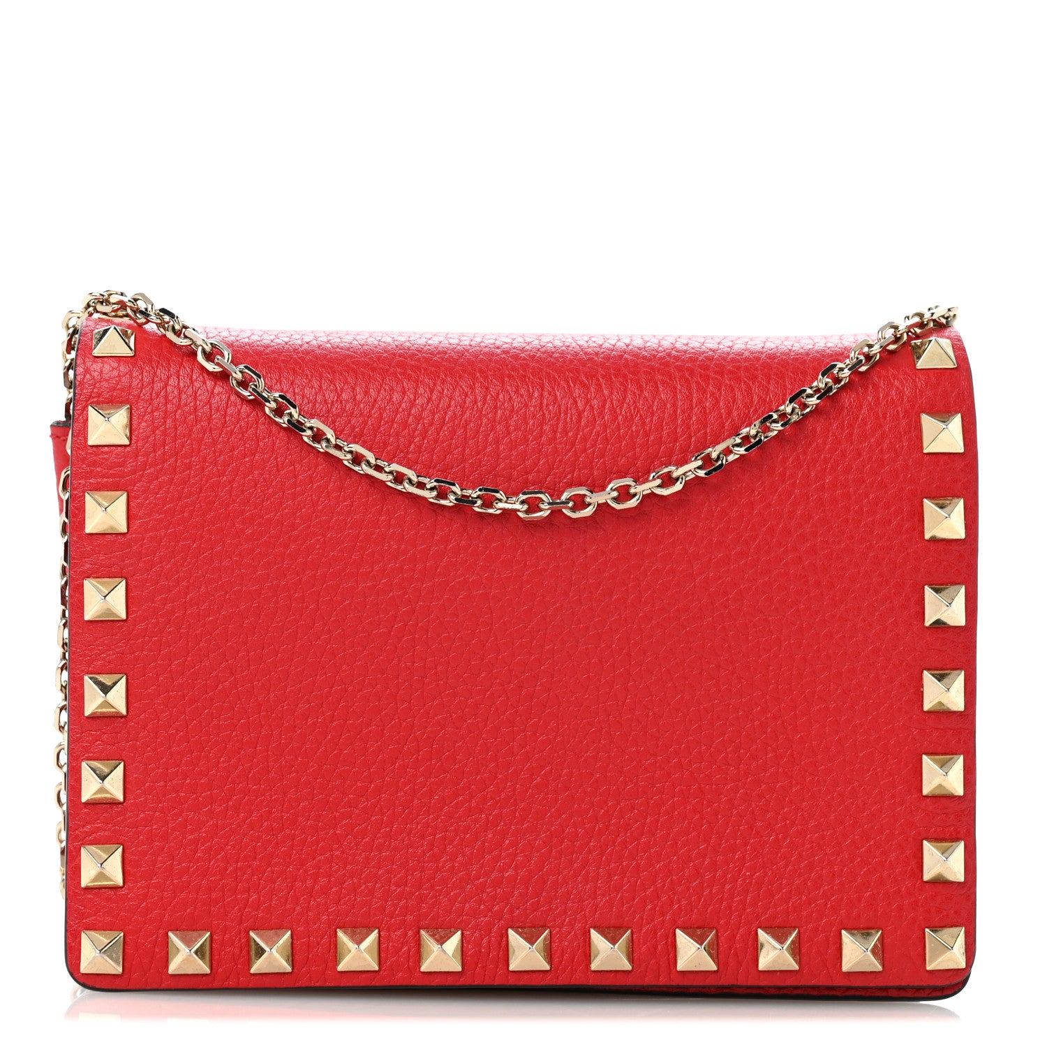 Valentino Garavani Pebbled Calfskin Rockstud Wallet on Chain Rouge Pur 1 of 12