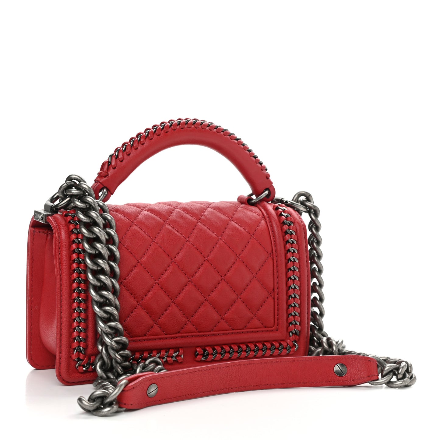 Calfskin Quilted Small Top Handle Boy Flap Red