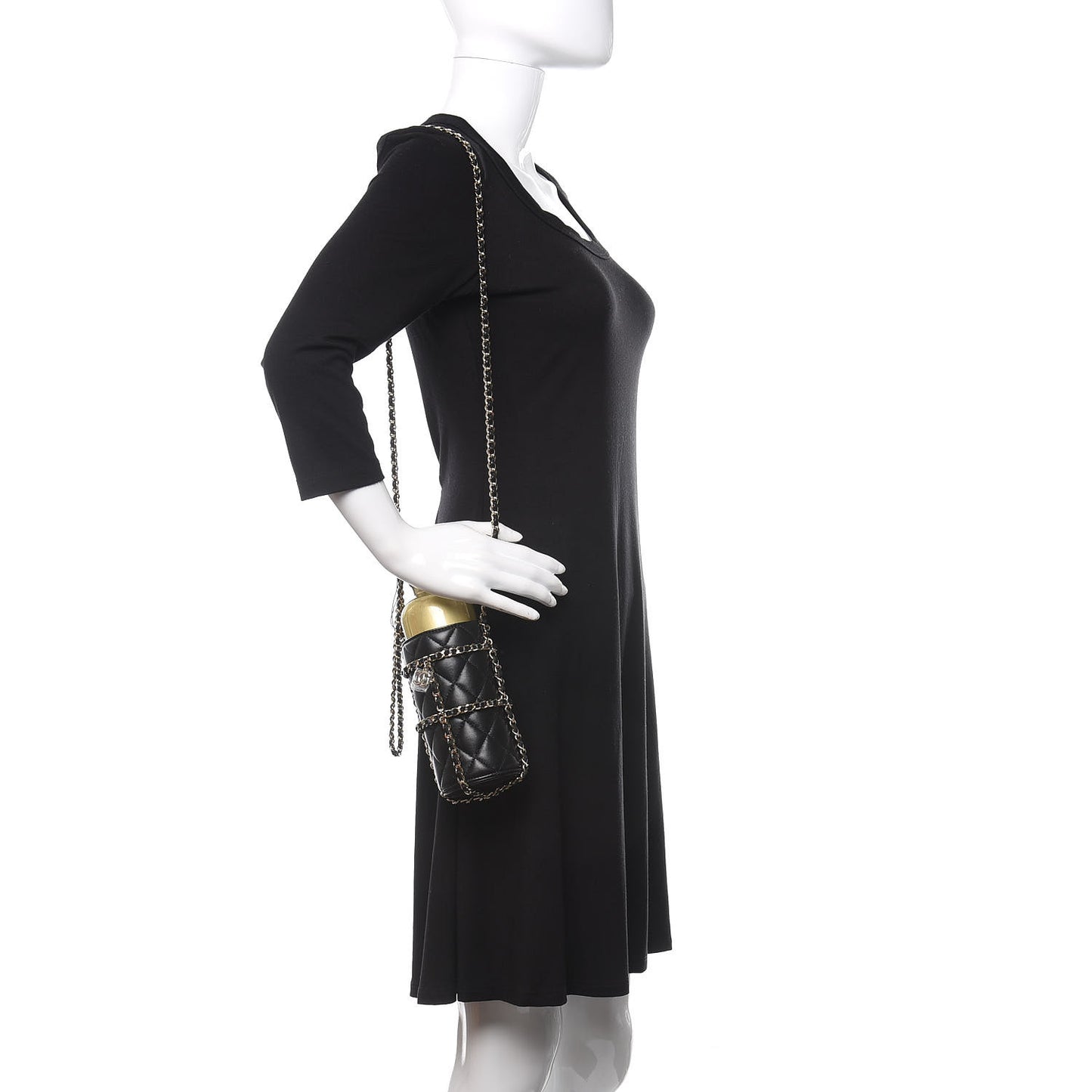 Lambskin Quilted CC To Drink Water Bottle Black Gold
