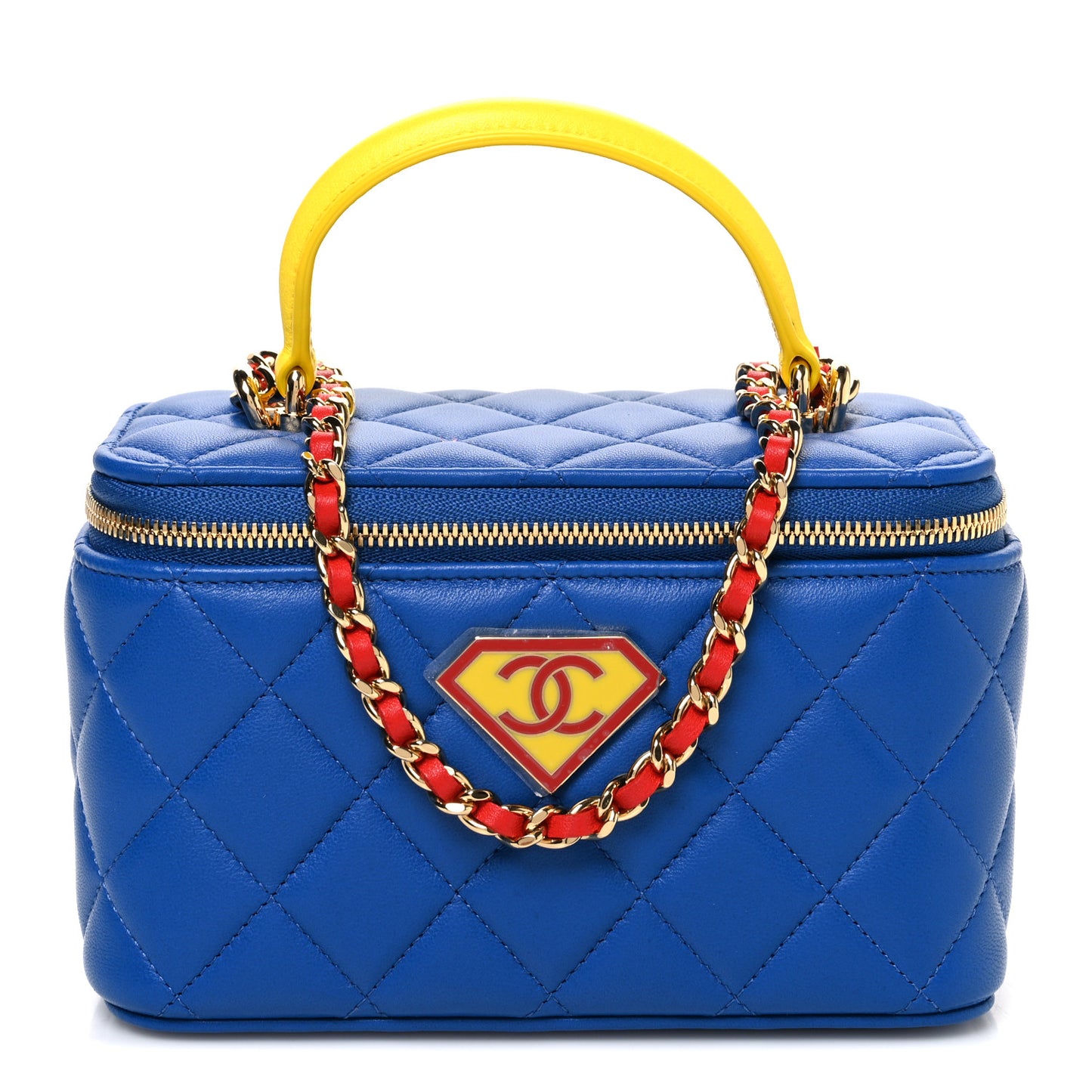 Lambskin Quilted Superman Top Handle Vanity Blue Red Yellow