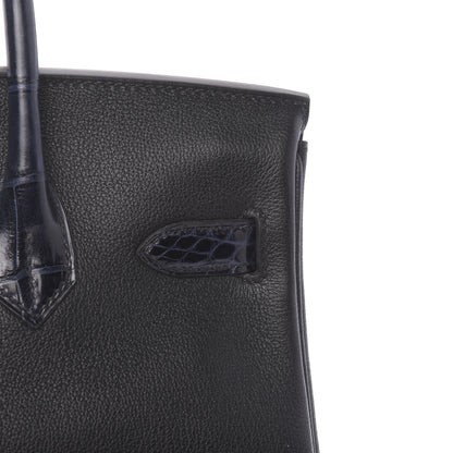 Hermes Taurillon Novillo Shiny Niloticus Crocodile Birkin Touch 30 Black Bleu Marine 33 of 38