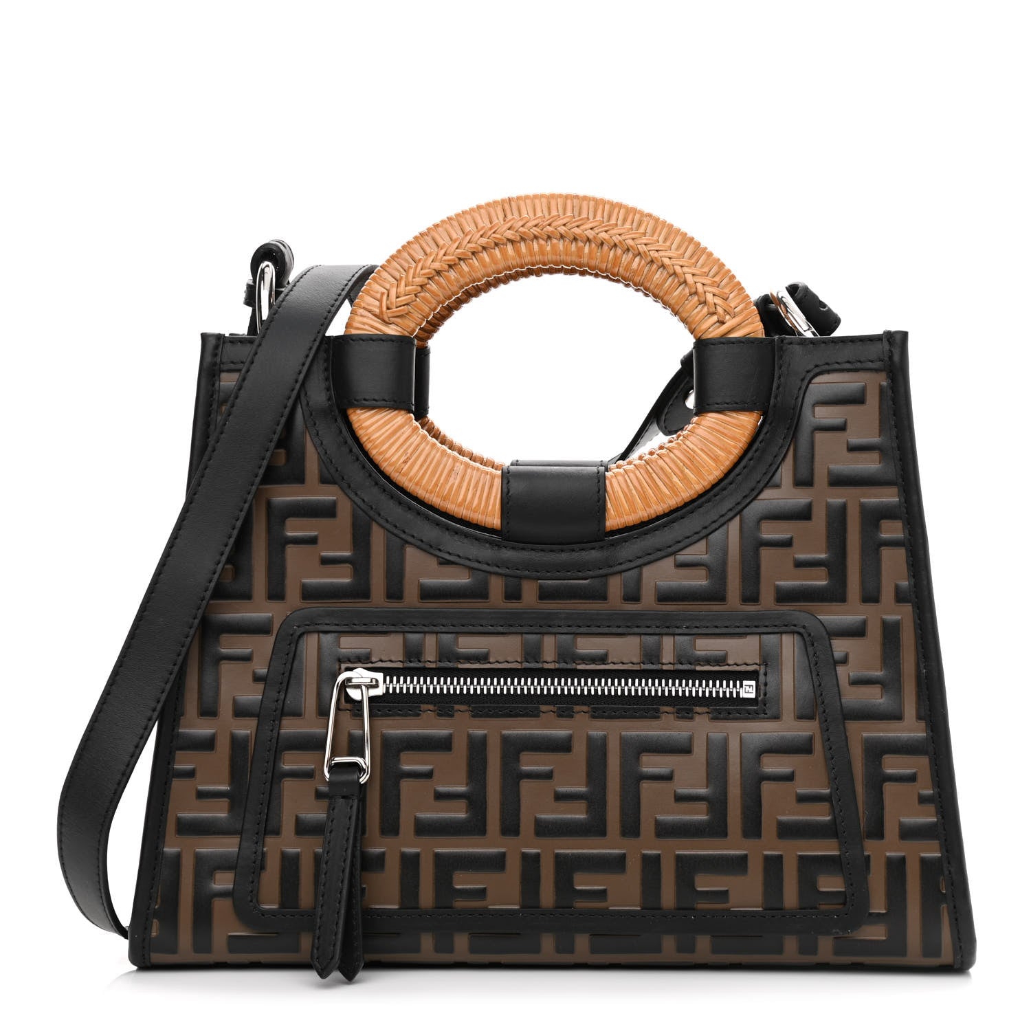 Fendi Vitello Century Wicker Bi-Color FF 1974 Embossed Small Runaway Shopper Tote Maya Black 1 of 10