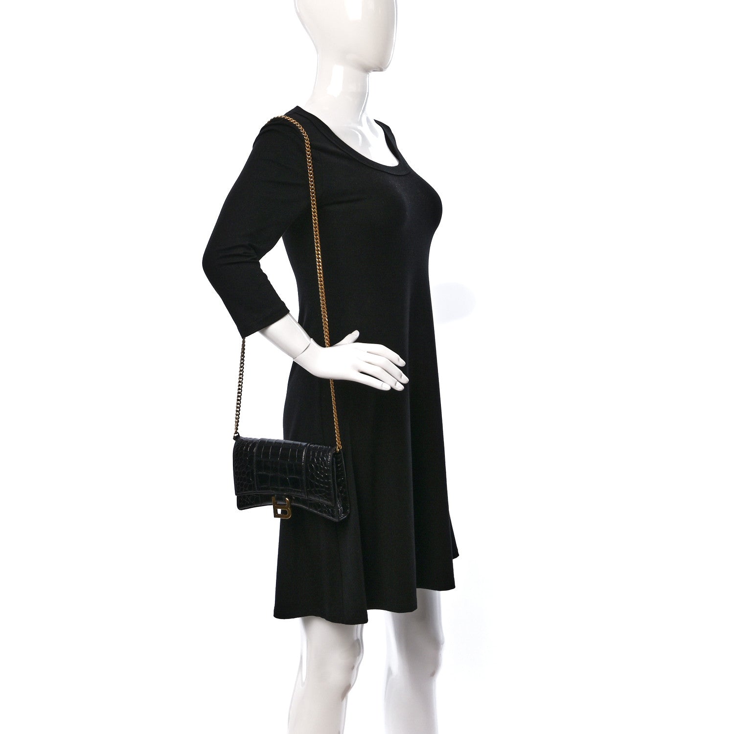 Balenciaga Shiny Calfskin Crocodile Embossed Hourglass Chain Bag Black 2 of 10