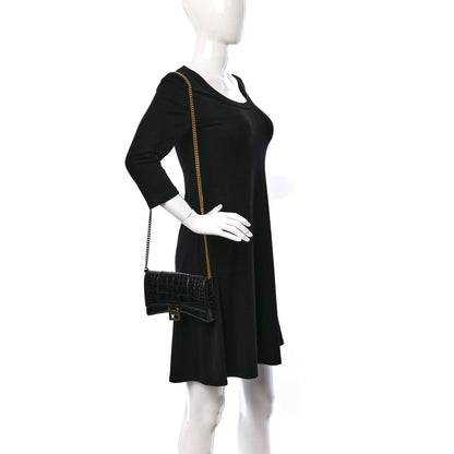 Balenciaga Shiny Calfskin Crocodile Embossed Hourglass Chain Bag Black 2 of 10