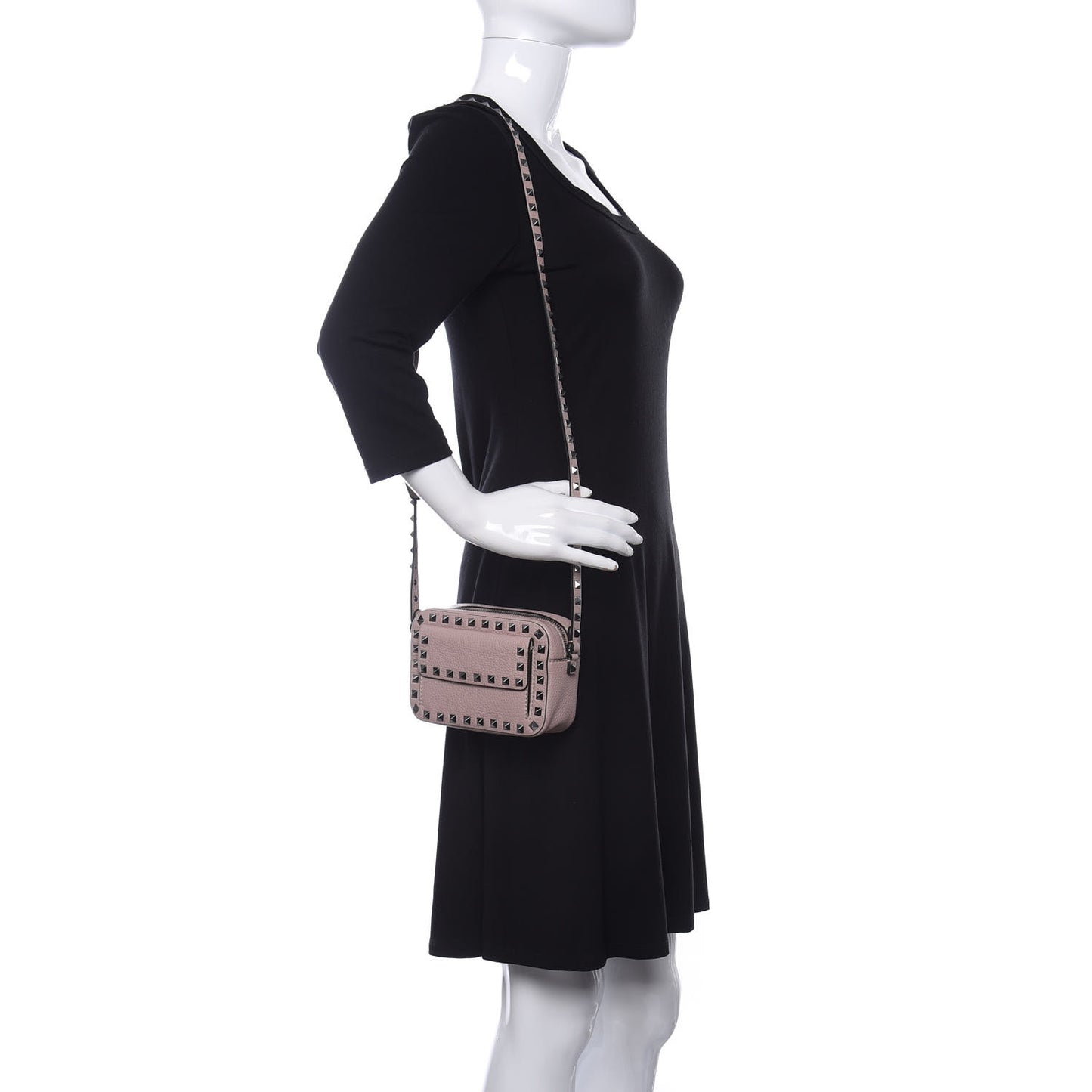 Grained Calfskin Small Rockstud Flap Pocket Camera Crossbody Bag Poudre