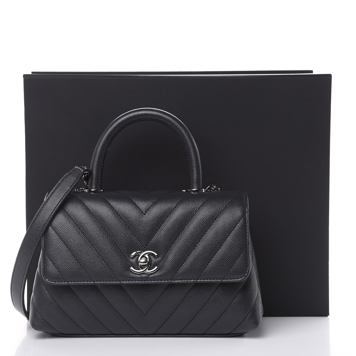 Caviar Chevron Quilted Mini Coco Handle Flap Dark Grey