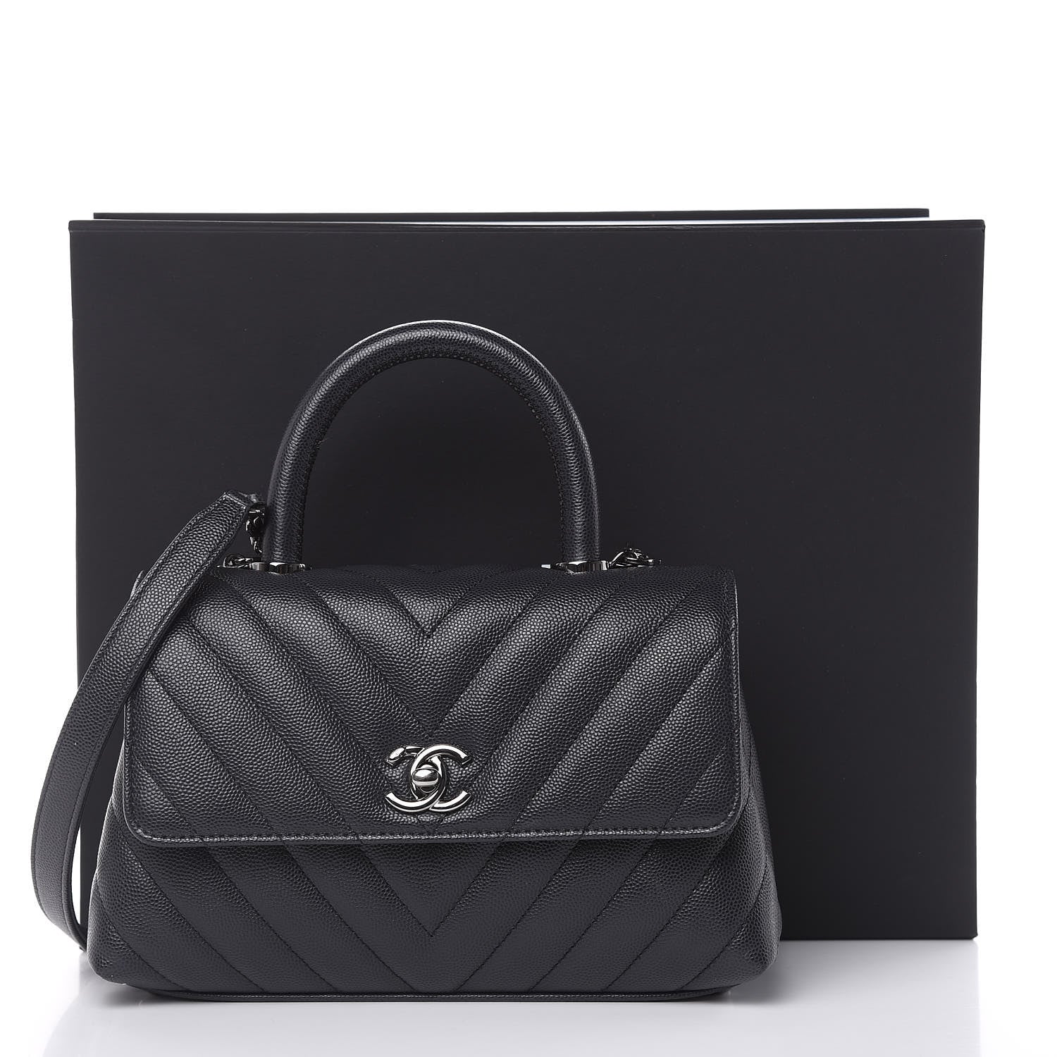 Chanel Caviar Chevron Quilted Mini Coco Handle Flap Dark Grey 10 of 10
