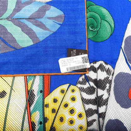 Hermes Cashmere Silk Plumes En Fete Shawl 140 Bleu Roy Jaune Rouge 5 of 7