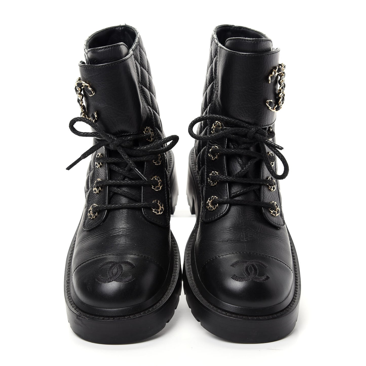 Shiny Goatskin Calfskin Quilted Lace Up Combat Boots 38 Black