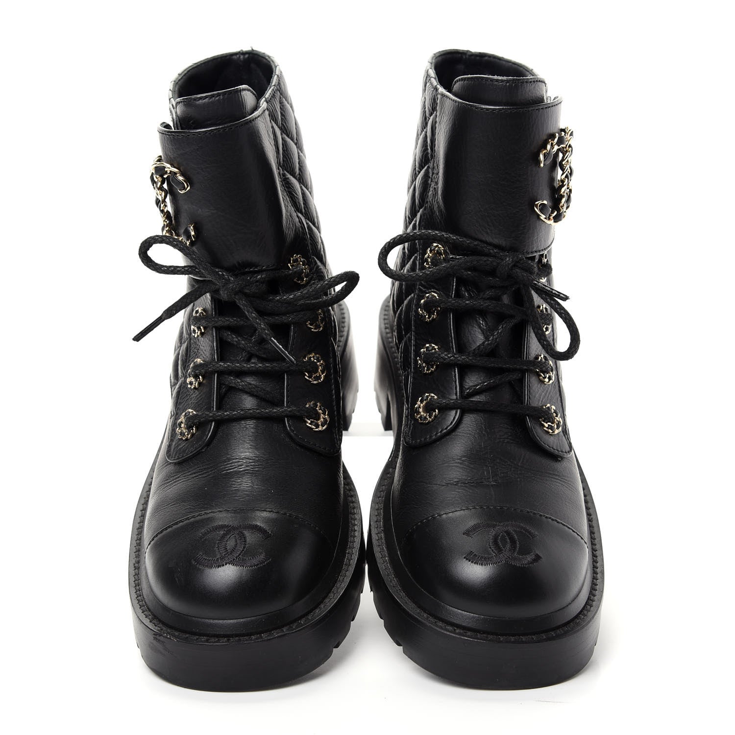 Chanel Shiny Goatskin Calfskin Quilted Lace Up Combat Boots 38 Black 5 of 10