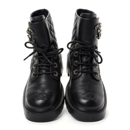 Chanel Shiny Goatskin Calfskin Quilted Lace Up Combat Boots 38 Black 5 of 10