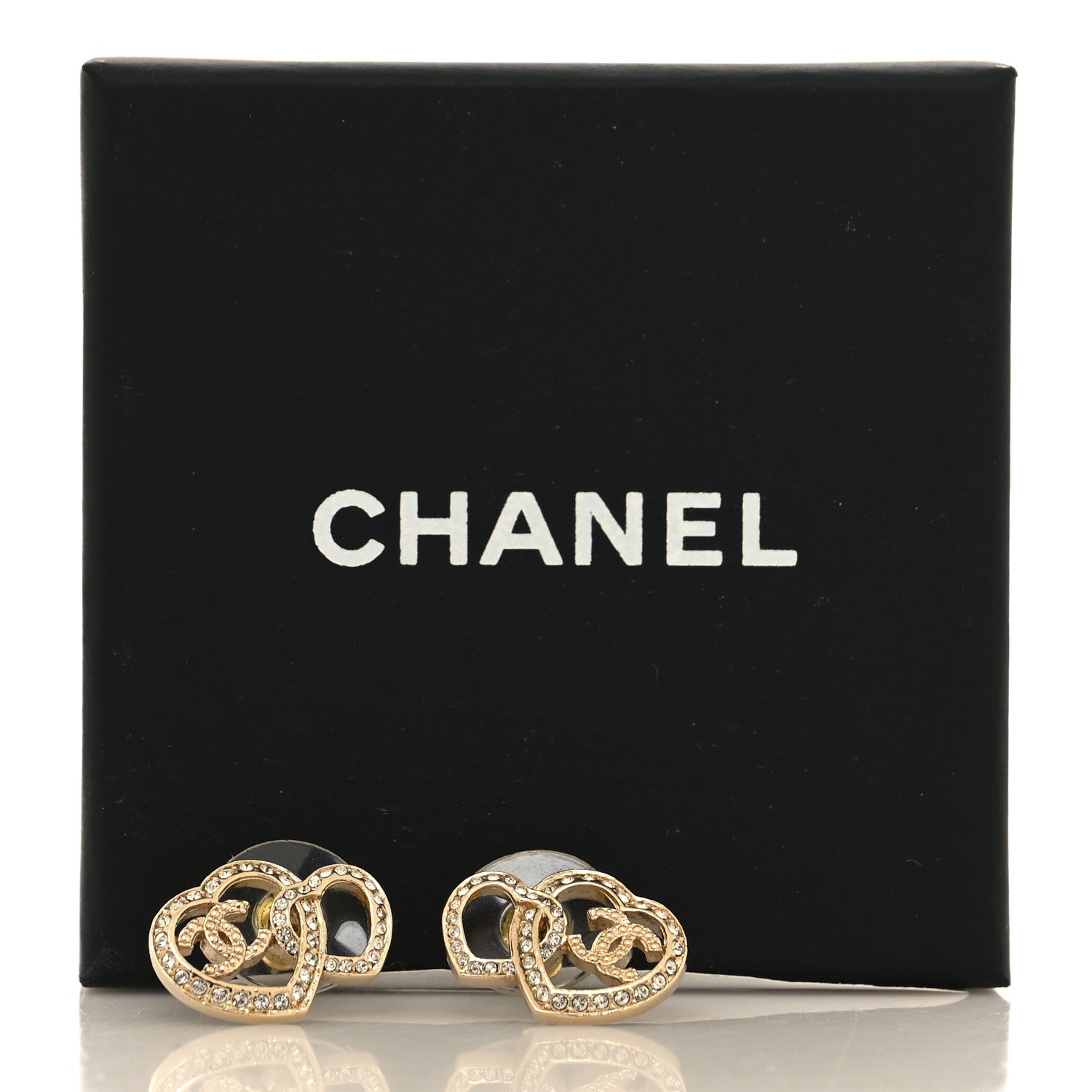 Chanel Crystal Metal CC Double Heart Earrings Gold 5 of 5