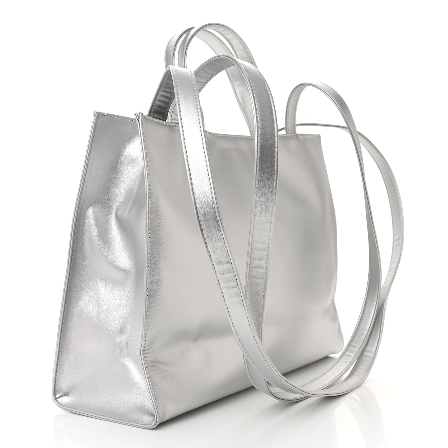 Metallic Vegan Leather Medium Shopping Bag Silver