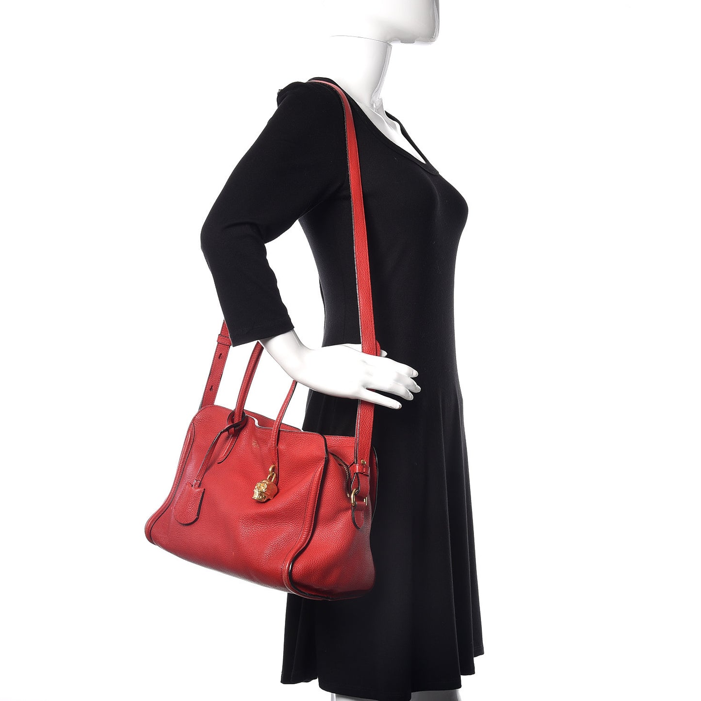 Pebbled Calfskin Small Skull Padlock Zip Around Tote Red