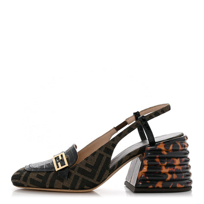 Fendi Calfskin Crocodile Embossed Promenade Slingback Loafer Pumps 38 Black Dark Brown Tobacco 1 of 8