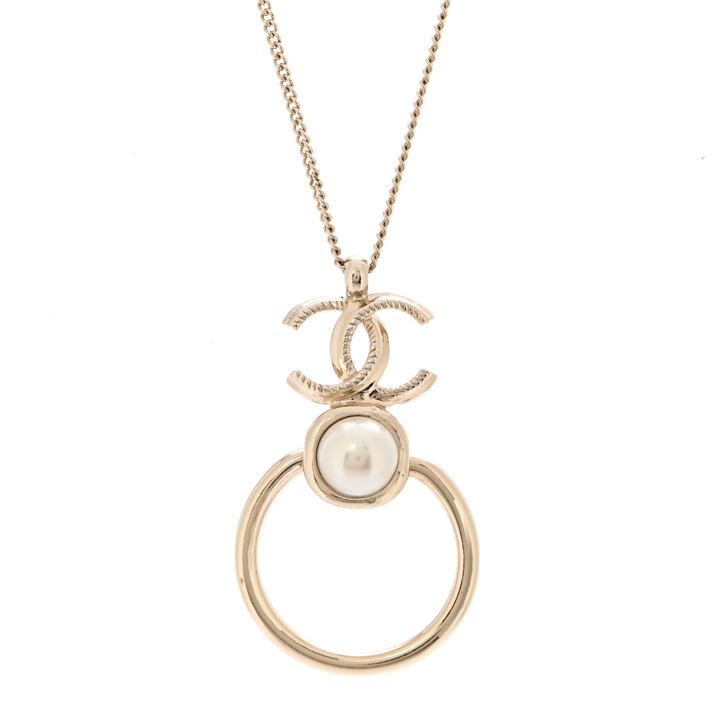 Metal Pearl CC Hoop Drop Pendant Necklace Gold