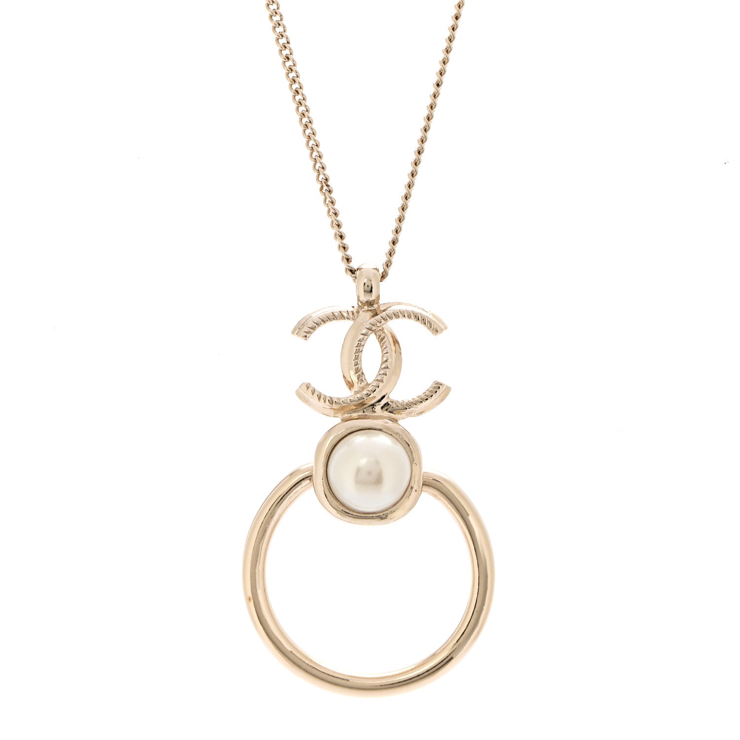 Chanel Metal Pearl CC Hoop Drop Pendant Necklace Gold 4 of 7