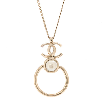 Chanel Metal Pearl CC Hoop Drop Pendant Necklace Gold 4 of 7