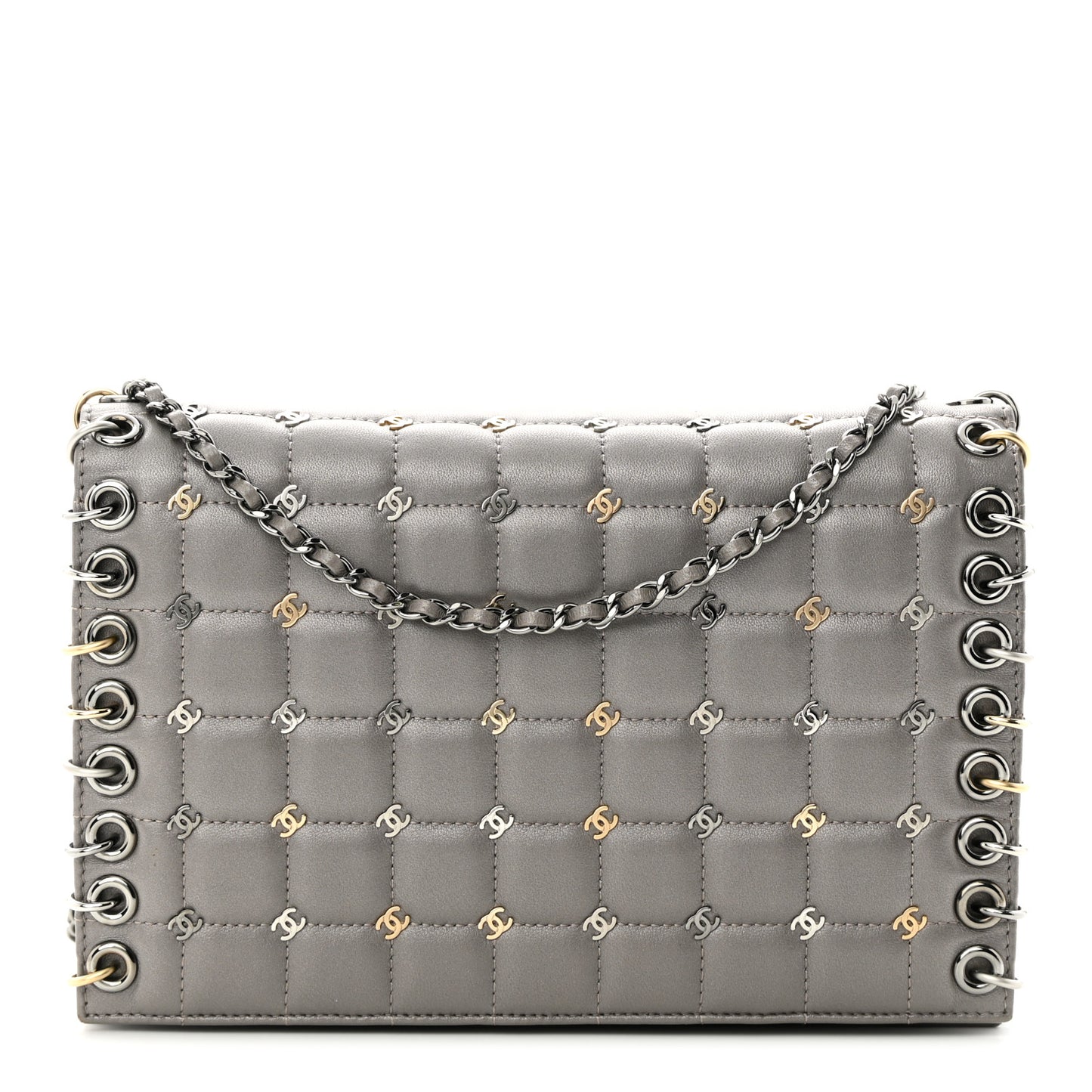 Lambskin Chocolate Bar Piercing CC Studded Small Chain Flap Bag Grey