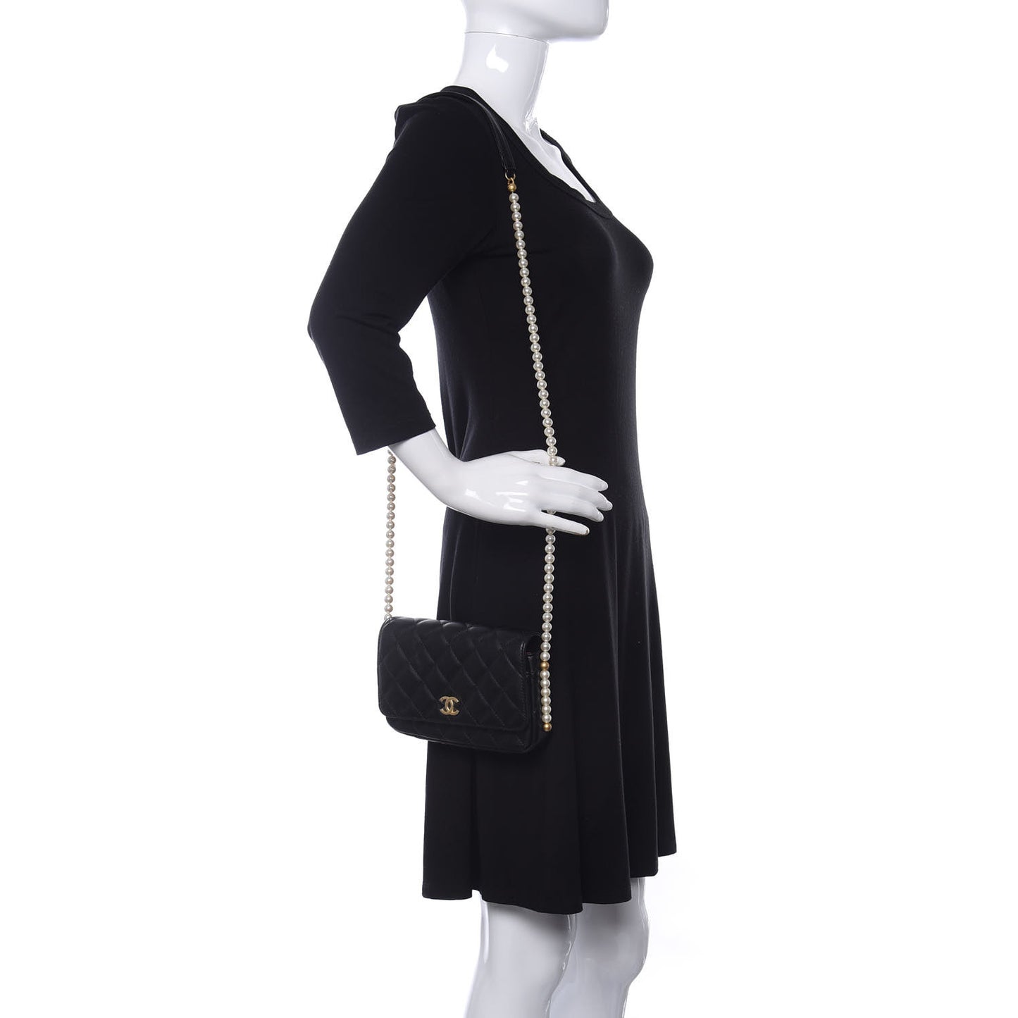 Calfskin Quilted Pearl Wallet On Chain WOC Black