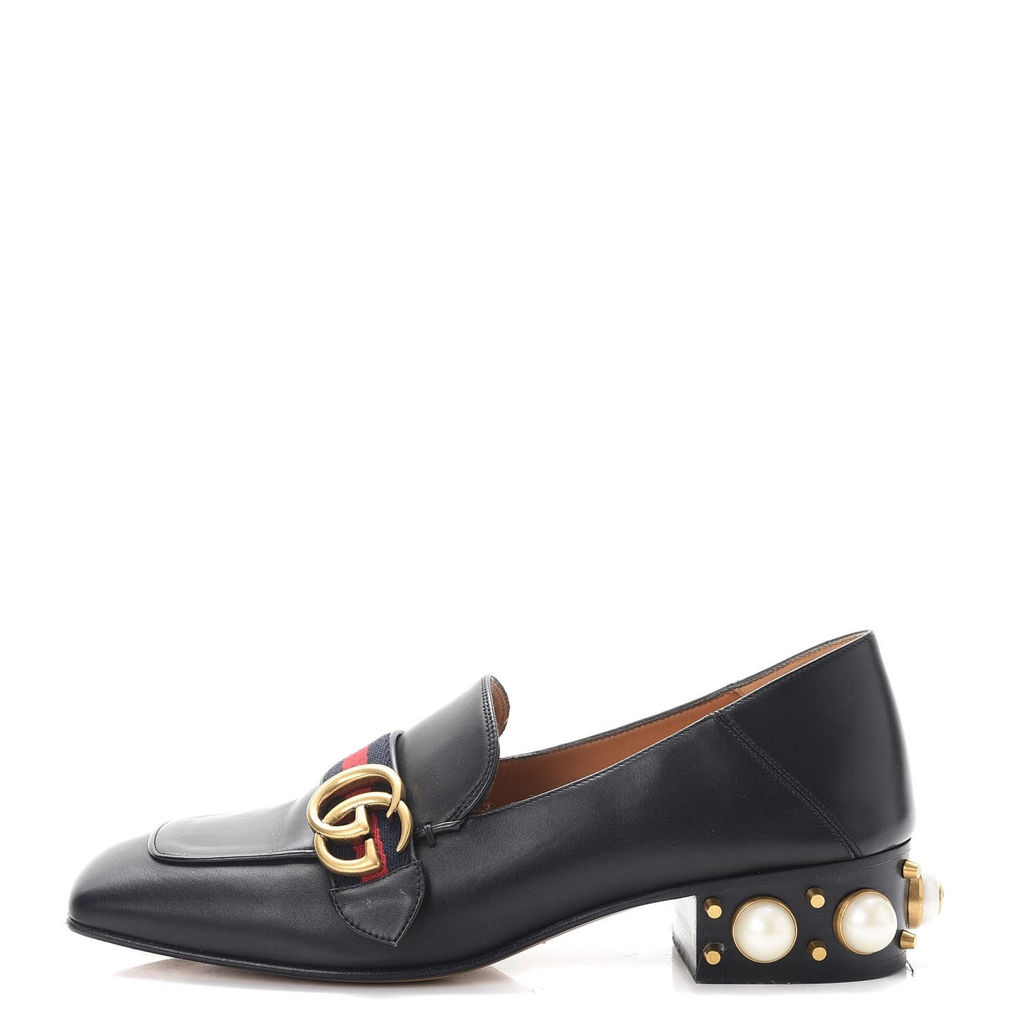 Calfskin Web Pearl Embellished Peyton Loafers 38.5 Black