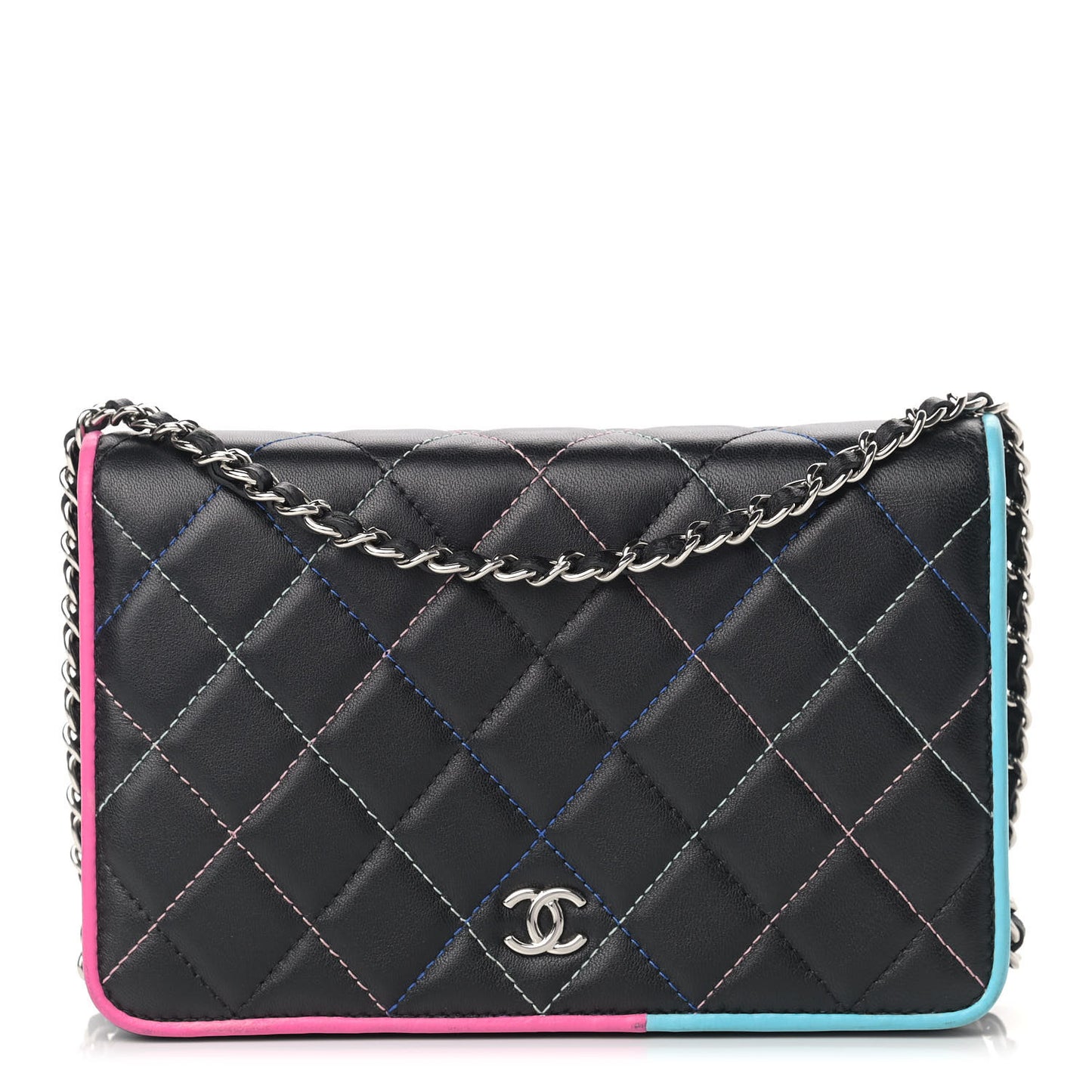 Lambskin Quilted Wallet On Chain WOC Black Pink Light Blue