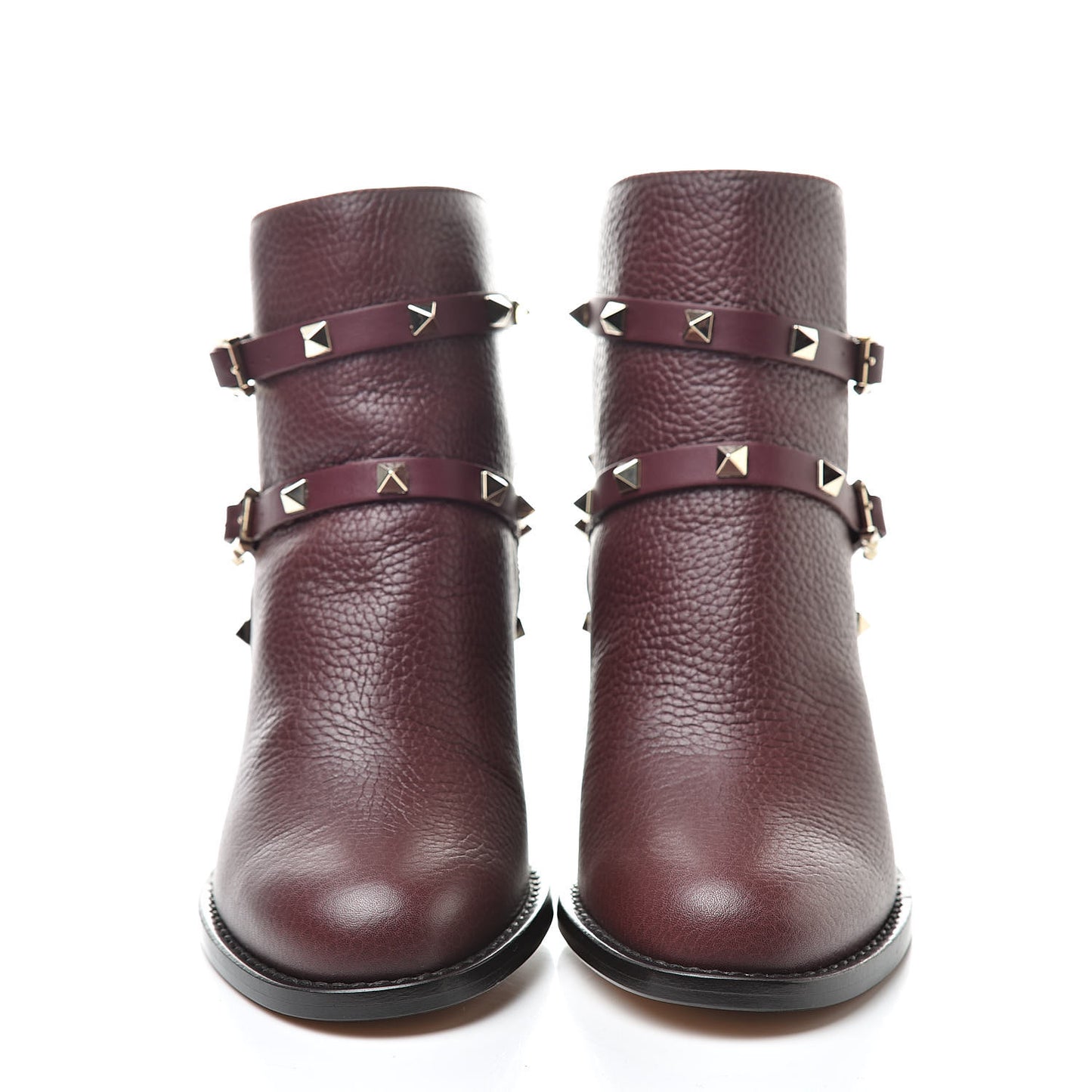 Pebbled Calfskin Rockstud Double Buckle 70mm Block Heel Ankle Boots 37 Rubin