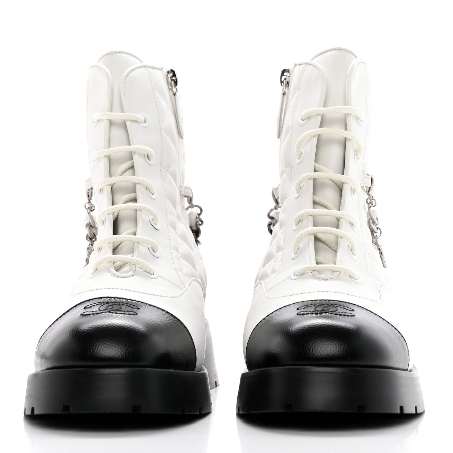 Caviar Calfskin Quilted Chain Lace Up Combat Boots 40 White Black