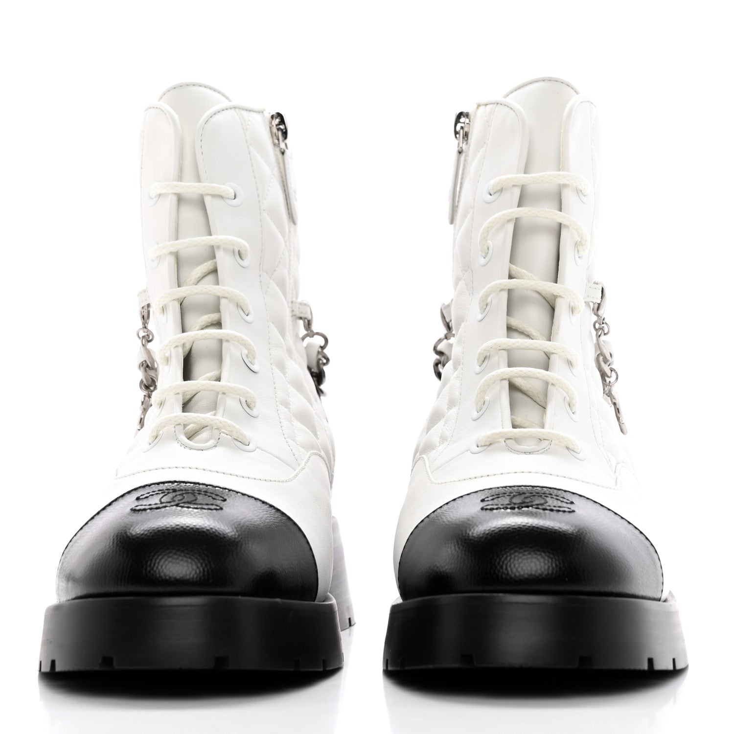 Chanel Caviar Calfskin Quilted Chain Lace Up Combat Boots 40 White Black 2 of 13