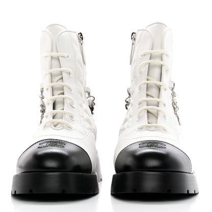 Chanel Caviar Calfskin Quilted Chain Lace Up Combat Boots 40 White Black 2 of 13