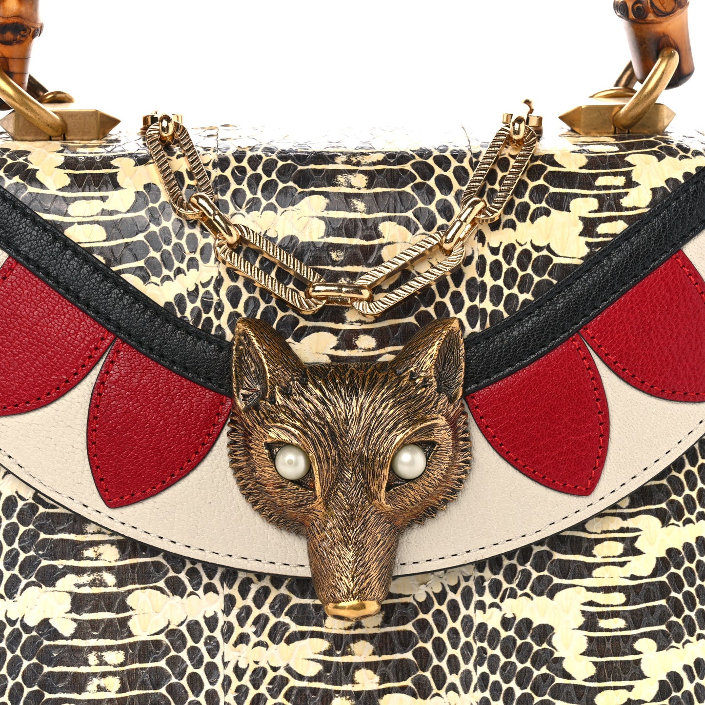 Snakeskin Pearl Mini Fox Broche Bamboo Top Handle Bag Roccia Hibiscus Red Mystic White