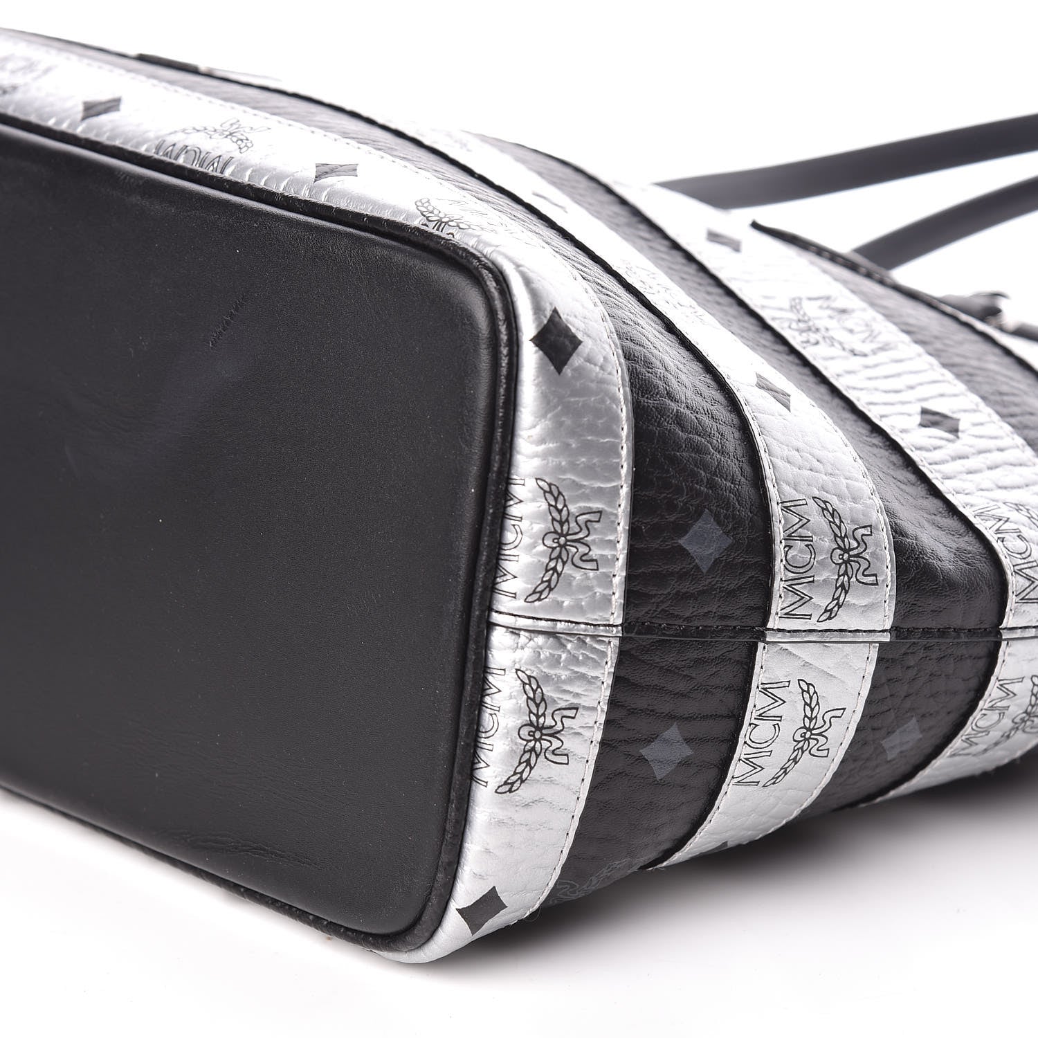 MCM Metallic Visetos Striped Medium Anya Shopper Tote Black Silver 10 of 11