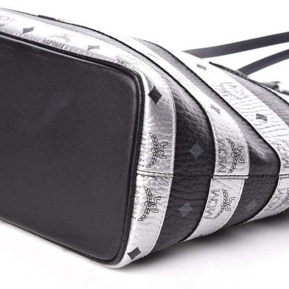 MCM Metallic Visetos Striped Medium Anya Shopper Tote Black Silver 10 of 11